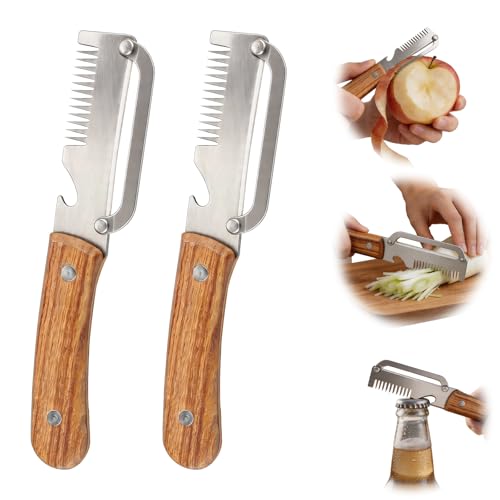 Multifunctional Vegetable Peeler, 3 in 1 Potato Peeler with Wooden Handle, Green Onion Slicer with Bottle Opener Kitchen Tool for Peeling Veggie Fruit Pineapple Pumpkin Papaya Carrrot(2 Pack)