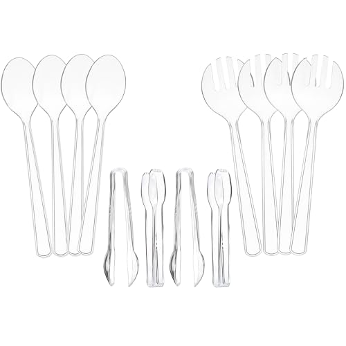 Set of 12 Heavy Duty Disposable Plastic Serving Utensils! 10 Spoons & Forks and 6-1/2 Tongs