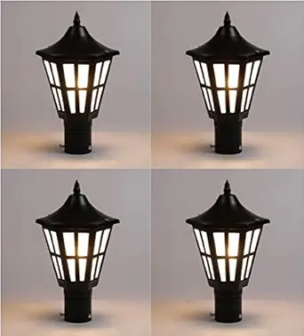 Metal Exterior Antique Design Waterproof Cone Shaped Black Outdoor Gate Lamp for Home (Black, Pack of 4 Lamp)