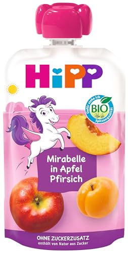 HiPP Bio Quetschie Mirabelle in Apfel-Pfirsich - Ellis Einhorn (8 x 100g), ab 1 Jahr, 100% Fruchtpüree, ohne Zuckerzusatz, vegan, in bester Bio-Qualität