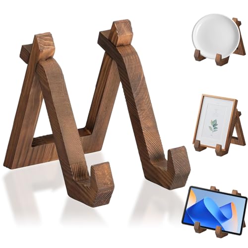 Buchständer Holz, Faltbar Buchhalter Leseständer, Kochbuchhalter, Vintage Tellerständer Holz, Tellerhalter Ständer zur Aufsteller, Bücherständer für Halten Küche Rezept, Tablet, Bilderrahmen (braun-1)