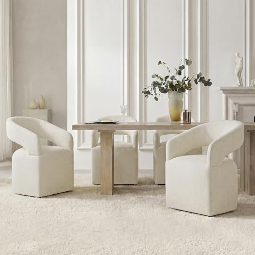 Image of KISLOT Upholstered Dining Chairs Set of 4, Modern Arm Kitchen & Dining Room Chairs with Hidden Casters, Linen Fabric Padded Rolling Chairs, Sturdy Wood Frame, 300 lbs Capacity, Cream Beige