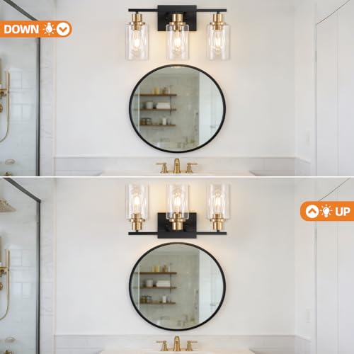 Image of Bathroom Light Fixture Black Gold Vanity Lights Over Mirror, 3 Light Wall Sconces Lighting with Clear Glass Shades, Modern Wall Lights Wall Lamp for Mirror, Hallway Kitchen Bedroom Cabinet