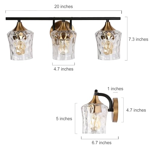 Image of KSANA Black and Brass Vanity Light, Modern Black Gold Bathroom Light Fixtures with Water Textured Glass Shade, 3-Light Bathroom Lighting Over Mirror