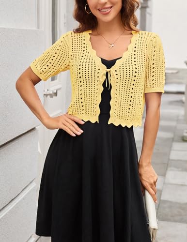 Image of Kate Kasin Women Crochet Shrug Knit Sweater, Short Sleeve Cropped Cardigan | Tie Front Tops Light Weight, Knit Cover Up Arm Bolero For Evening Dresses Dressy Casual, Ladies Eyelet Shawl Thin Formal