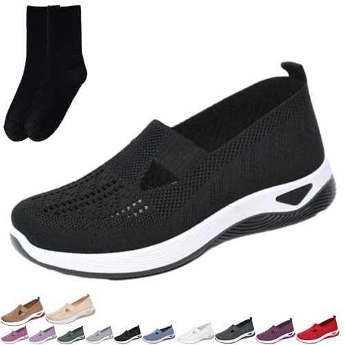 Summer Breathable Non-Slip Soft Sole Elderly Shoes, Women's Casual Orthopedic Walking Flats for Middle-Aged and Seniors, Old Women Mesh Comfortable Slip-on Sneakers with Arch Support
