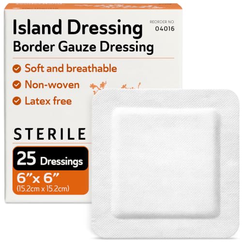 Bordered Gauze Island Dressing 6x6-25 Large Adhesive Bandages for Wound Protection - Good for Hospitals Medical Facilities First Aid Kits and More