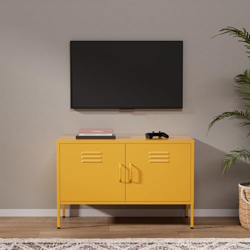 Lendo Online Mobile TV in Metallo – Lowboard Industriale – 100x40x65 cm – Mobile Porta TV per Soggiorno (Giallo)