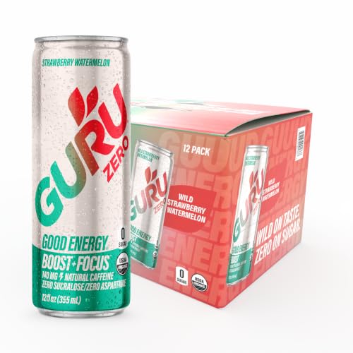 Image of GURU Zero Sugar Energy Drink, Strawberry Watermelon, 12 Fl Oz, 12 Pack | 140 MG Natural Caffeine for Workouts, Performance & Midday Boost, With Real Fruit Juice, L-Theanine, Plant Based, Gluten Free