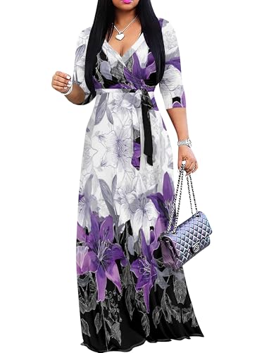 Image of Plus Size Maxi Dress for Women V Neck 3 /4 Sleeve Wrap Dress