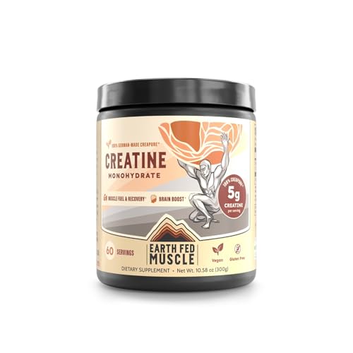 Earth Fed Muscle Creatine Monohydrate Powder — 300g, 60 Servings | German Creapure Creatine for Strength, Power & Muscle Growth | Unflavored, Mixes Clean, No Fillers