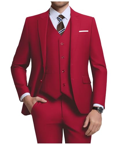 Men's 3 Piece Slim Fit Suit Set, Two Button Blazer Solid Jacket Vest Pants Wedding Business Suit