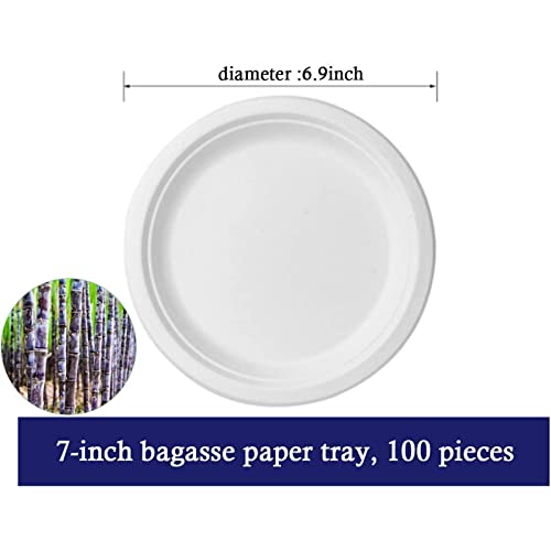 Atojrro Disposable Paper Plates, Heavy-Duty Disposable Plates Compostable Paper Plates [100 Pcs] Natural Disposable Bagasse Plates White Disposable Dessert Tray Biodegradable Dinner Plates 7 Inch #TOP1