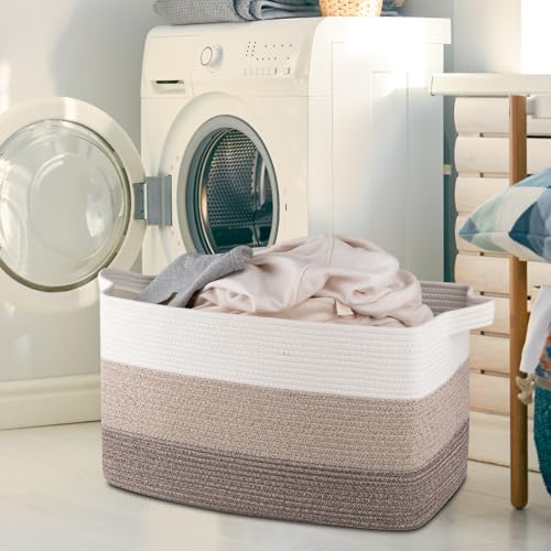 Image of OIAHOMY Extra Large Blanket Basket, 110L Cotton Rope Woven Laundry Basket, Toy Bin for Baby Room, Container for Blanket Storage in Living Room, 24.8''x17.3''x15.8'', Gradient Brown