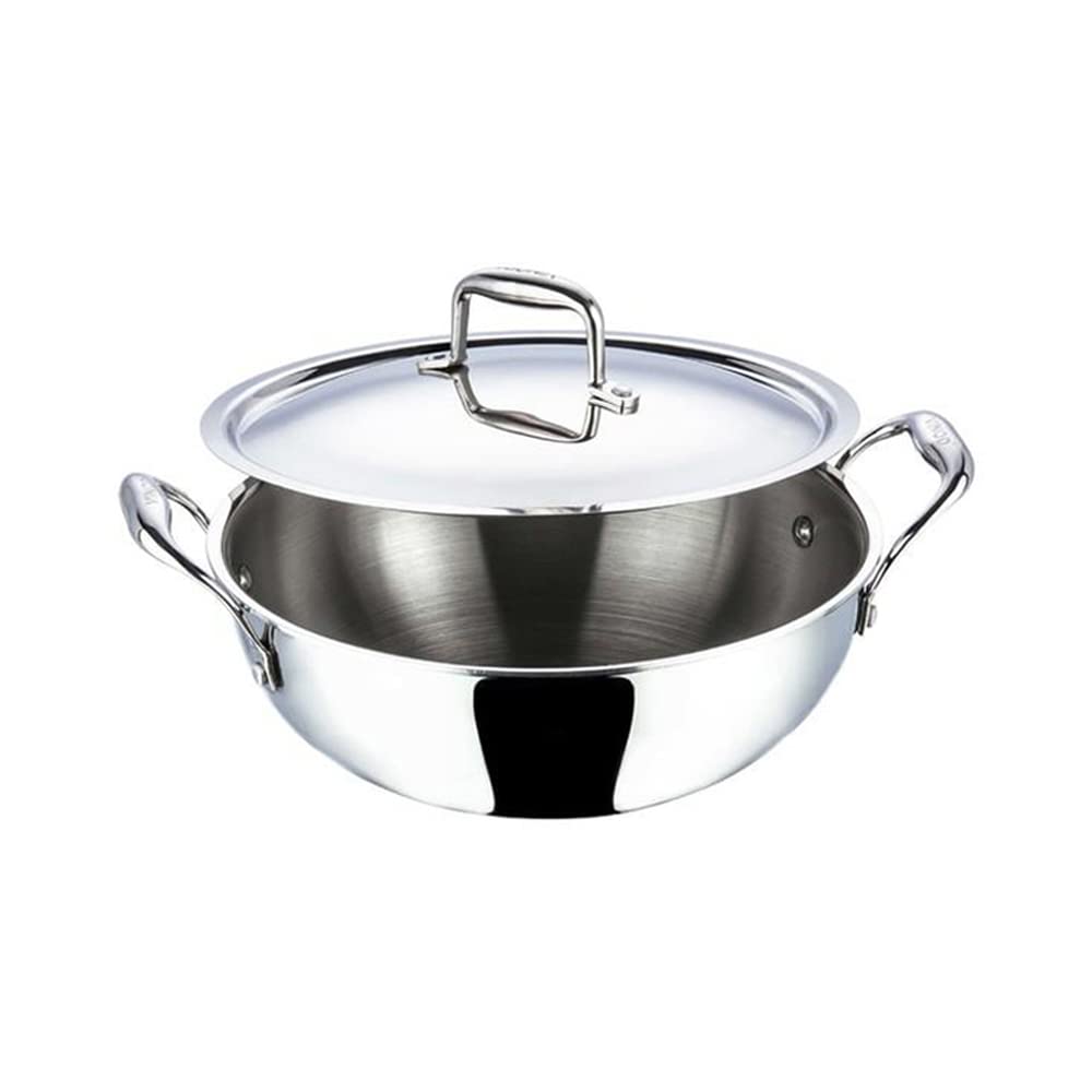 Vinod Platinum Triply Stainless Steel Extra Deep Kadai with Lid 4.1 L/Glass Lid