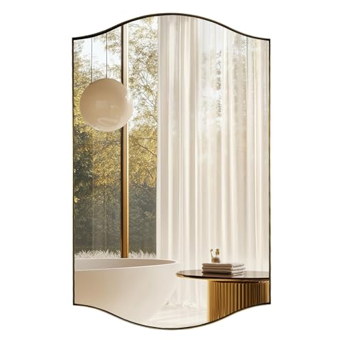 Image of ANDY STAR 30 inchx48 inch Scalloped Mirror,Brushed Gold Rectangle Bathroom Mirror with Curved Edge Stainless Steel Metal Frame, Large Wall-Mounted Mirror for Bathroom, Entryway (Horizontal /Vertical)