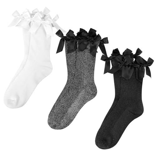 Littleforbig Women's Satin Bows Shiny Sparkly Glitter Socks 3 Pairs - Black & White & Silver 6