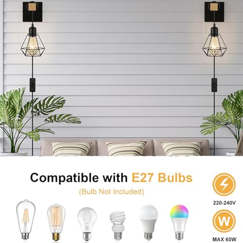 Aplique de pared E27 con enchufe e interruptor de madera retro para salón negro 3