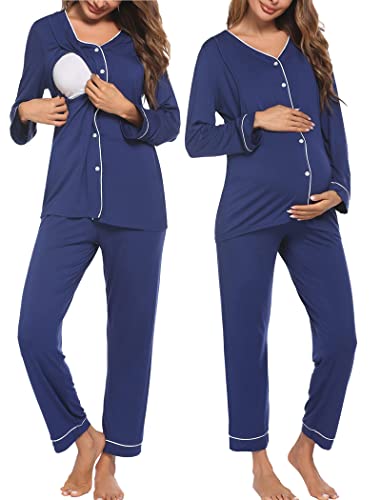 Image of Ekouaer Maternity Pajama Set Button Down Nursing Sleepwear Long Sleeve Breastfeeding Loungewear with Adjustable Pants