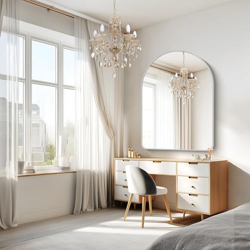Image of FORBATH Large Arched Wall Mirror 48x36 Inch, Silver Arch Bathroom Mirror with Aluminum Frame, Arched Mirror for Dresser, Fireplace,Entryway,Home Decor,Hanging or Leaning Against Wall