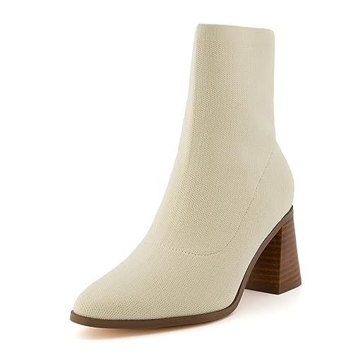 CUSHIONAIRE Sterling Womens Ankle Boots, Stretch Knit Upper, Genuine Leather Heel, Memory Foam Padding, Slip-On Design, Heeled Boots for Women, 2.75-Inch Block Heel, IVORY 8.5W