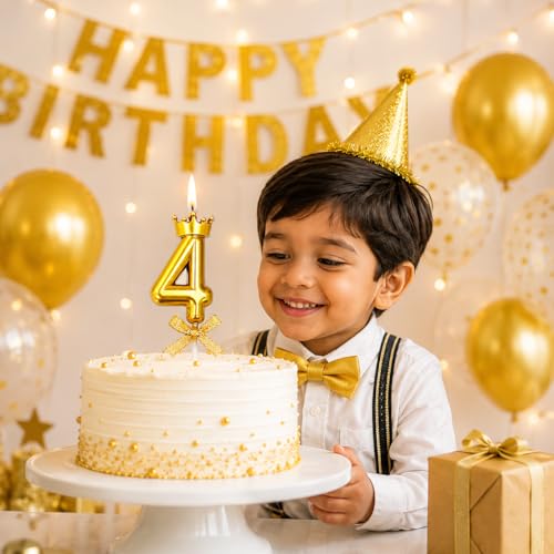 Image of Number 4 Unscented Candle with Crown 3 inch for 4th Birthday Party, Wedding Anniversary, Engagement, Theme Party Celebration Cake Topping Decoration Gold, Numeric 4