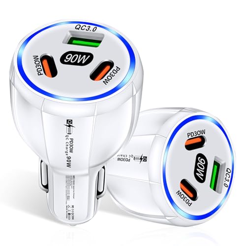 Amiss Car Charger Adapter, 3 Port USB-C & USB-A 90W Fast Charger, Car Interior Accessories, Essential Travel Gifts for Men and Women, Fit for iPhone 17/16/15/14/13Pro Max, Samsung, Android (White 2pc)