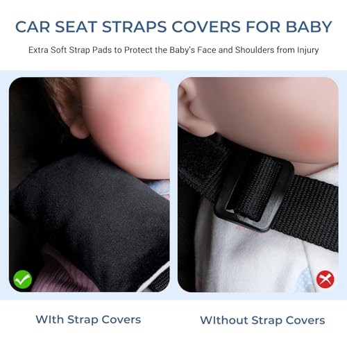 Image of COOLBEBE Car Seat Straps Shoulder Pads for Baby Kids, Super Soft Seat Belt Covers for All Car Seats /Pushchair /Stroller /High Chair (Black /Grey)