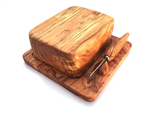 Generisch Butterdose mit Buttermesser im 3er Set geeignet für 250 g Stück deutsche Butter handgefertigt aus Olivenholz