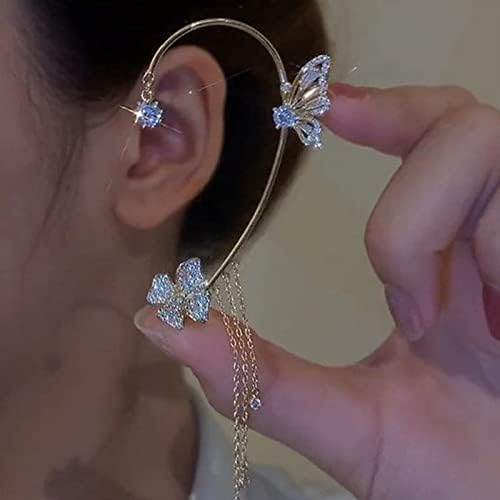 Butterfly Flowers Tassel Earrings,Butterfly Tassel Earrings,Shiny Zircon Butterfly Ear Clip,Butterfly Drop Earrings,No Piercing Butterfly Ear Clip for Girls Women (Silver-1,1 Pair)