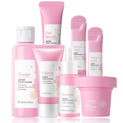 Skincare Gifts Set For Teenage Girls,Cherry Blossom Skincare Sets,Facial Kit,Pamper Sets For Women Gifts,Skin Care Sets & Kits - Cleanser, Face Serum, Face Cream,Toner,Eye Cream,Mask (SetA)