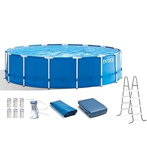 Intex metal frame 15 x 48 round above ground swimming pool set with filter pump ladder and cover with maintenance accessory vacuum and skimmer kit  urban country home decor