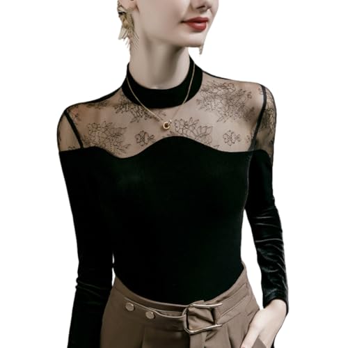 Image of Womens Sexy Mesh Sheer Blouse Fashion Clothing Turtle Necks Sheer Ruched Going Out Tops Slim Fit Blouses (Black,Small)