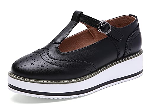DADAWEN Women's Platform T-Strap Round Toe Oxfords Dress Pumps Mary Jane Shoes for Women Black US Size 9/Asia Size 41/25.5cm