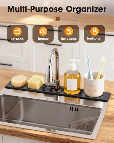 Abtropfmatte Spüle Wasserhahn Spritzschutz,60 X 10x0.9cm,Durchmesser6.35 cm,Kieselgur Spülbeckenmatte Außergewöhnlich Saugfähig,Abtropfmatte Stein Für Küchen Und Badezimmer Inklusive Sandpapier