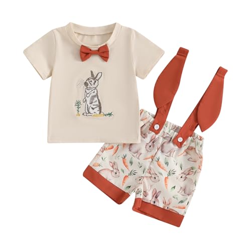 Bonangber Boys Easter Outfit Baby Bunny Outfit Carrot Short Sleeve T-Shirt Suspender Shorts Set Cute...