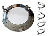 EIGENSCHAFTEN - Bei der Herstellung wurde mit Aluminium, welches von der Optik an Silber erinnert, gearbeitet. Der Bullaugenspiegel ist sehr stabil und gut verarbeitet. Man kann den Spiegel auch öffnen und wieder schließen. Mit den zwei Griffen ist es möglich auf- und zuzuschrauben. Der Artikel besitzt einen Durchmesser von insgesamt Ø28cm und der Spiegel selbst ist Ø17,5cm groß.