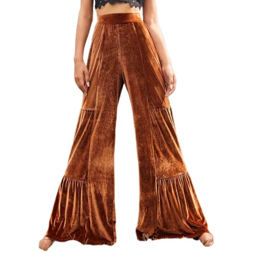 dsumvns Womens Ruffle Velvet Wide Leg Pants Fashion Casual Elastic Waist Sweatpants Flare Leg Lounge Pants Caramel