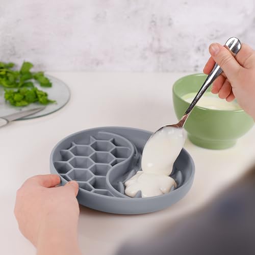 ne&no® Anti Schling Napf für Hunde und Katzen I Slow Feeder I Leckmatte Hund mit großem Saugnapf I Schleckmatte Katze für Nassfutter und Trockenfutter (Grey Blue)