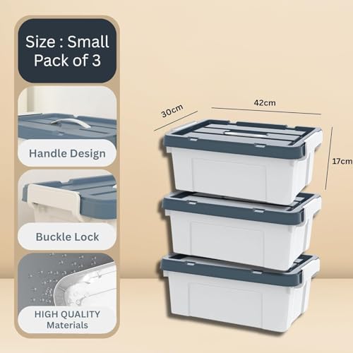 Image of Ash & Roh Plastic Storage Box /Bin /Container with Locking Lid - Sturdy and Versatile Home Organizer, Available in Multiple Size. (3, GRAY, small-42cm X 30cm X 17cm)