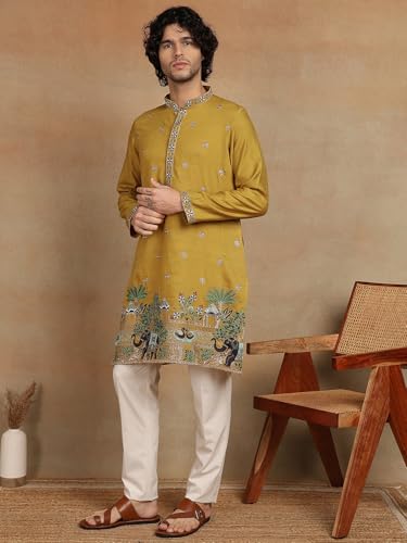 Image of Amazon Brand - Tavasya Men Printed Kurta with Ethnic Motif Border | Special Haldi Kurta | Festive Embellished Long Kurta | Embroidery Kurta | Ethnic Wear | Mandarin Collar | Knee Length
