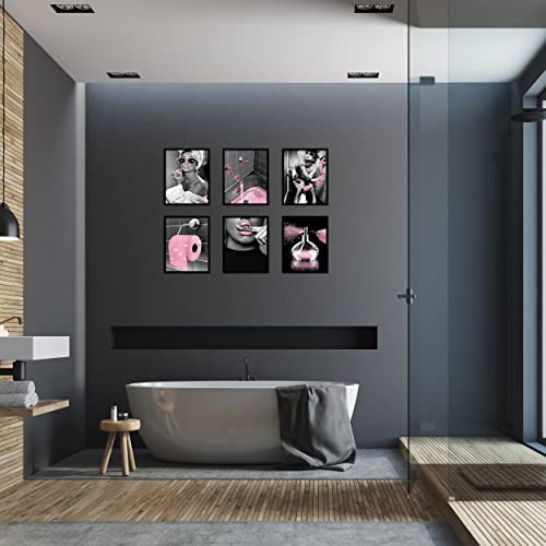 Fashion Wall Art Bathroom Wall Decor Prints Set Of 6 Black And White Glam Glitter Canvas Posters Photos Pictures Bathroom Artwork Wall Modern Women Funny Bathroom Decoration (Pink, 8"X10" Unframed) #TOP5