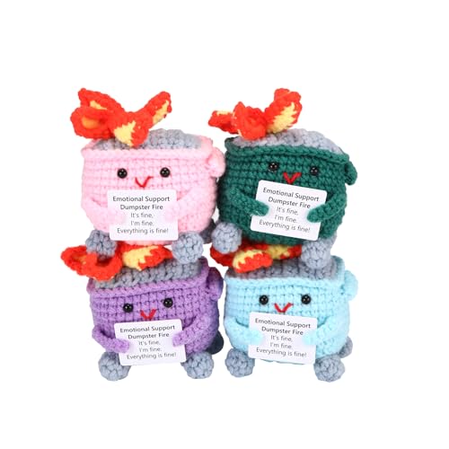 Image of RovyFota Emotional Support Crochet Dumpster Fire with Positive Card Cute Room Decor Knitted Toys Funny Crochet Support Buddies Gifts for Friends (Green&Pink&Blue&Purple)