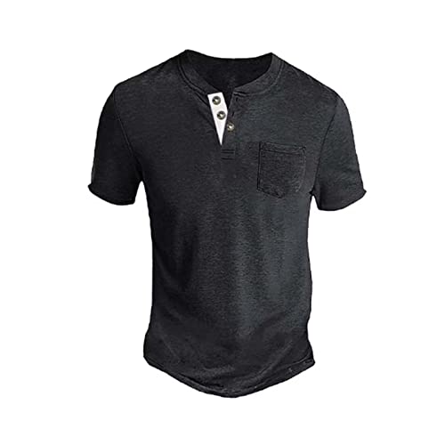 Camiseta de algodón para hombre para el verano con manga corta y cuello redondo como top básico en, Negro , M