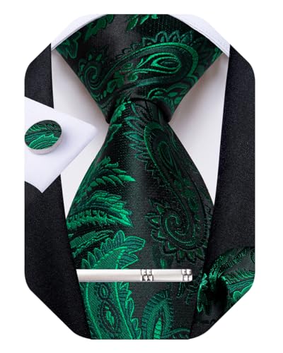 Image of DiBanGu Paisley Ties for Men Silk Necktie and Pocket Square Cufflinks Tie Clip Set Woven Classic Mens Tie for Wedding Party