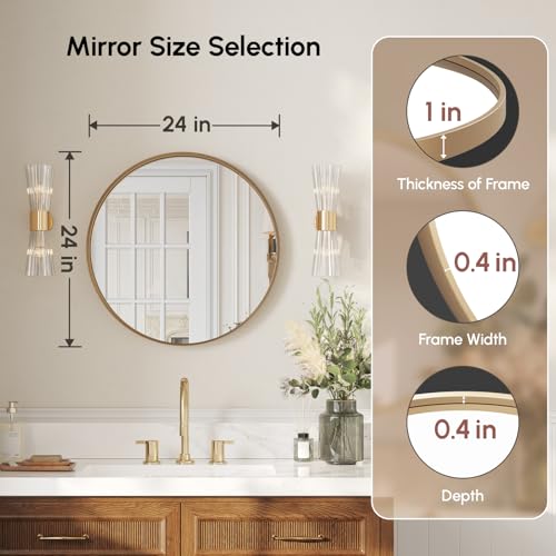 Image of USHOWER 24 Inch Gold Round Bathroom Mirrors for Over Sink | Circle Mirror with Aluminum Frame, Wall Mirror for Vanity, Entryway, Living Room, Hallway and Bedroom Decor