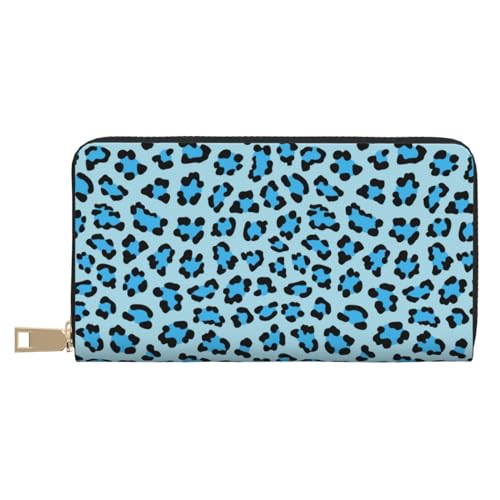 Blue leopard print Wallet Women Men, Long PU Leather Wallets for Women, Cute Womens Travel Wallet Purse Pouch with Zipper Pocket