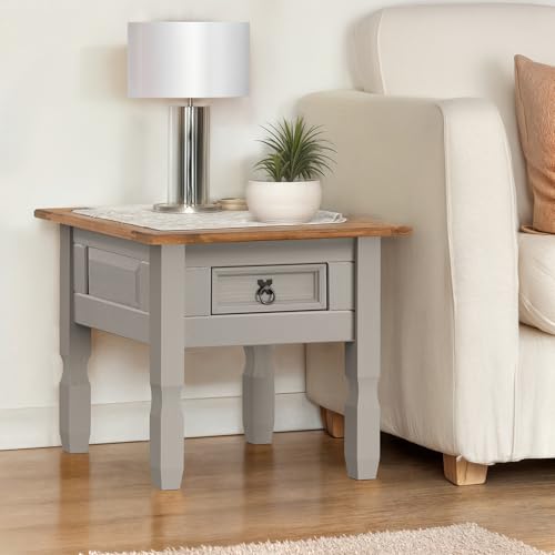 Corona Grey Wax 1 Drawer Lamp Table Side End Night Stand Solid Wood Pine Wooden Painted Living Room 53cm High 58cm Wide 58cm Deep