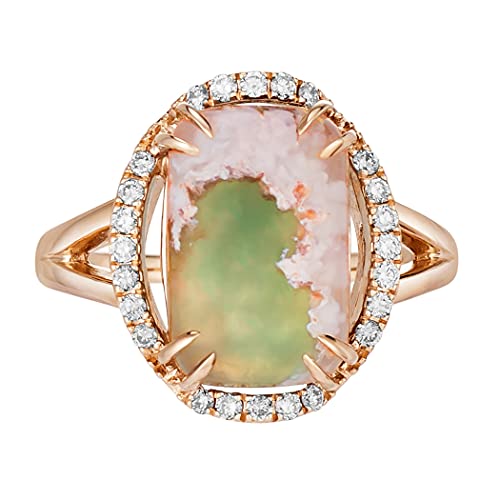Cushion Shaped Green Aquaprase Cabochon with White Topaz Split Shank Oval Halo Ring for Women in 925 Sterling Silver with 14k Rose Gold Plating Anniversary Ring Size 5 to 10 by LeVian