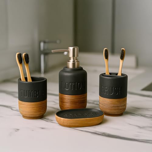 Image of Market99 Ceramic Bathroom Set Matte Black & Brown with Sophisticated Wooden Elegance Pattern, Includes Soap Dispenser, Tumbler, Toothbrush Holder, & Soap Dish for Coordinated Bathroom Style, 350ML